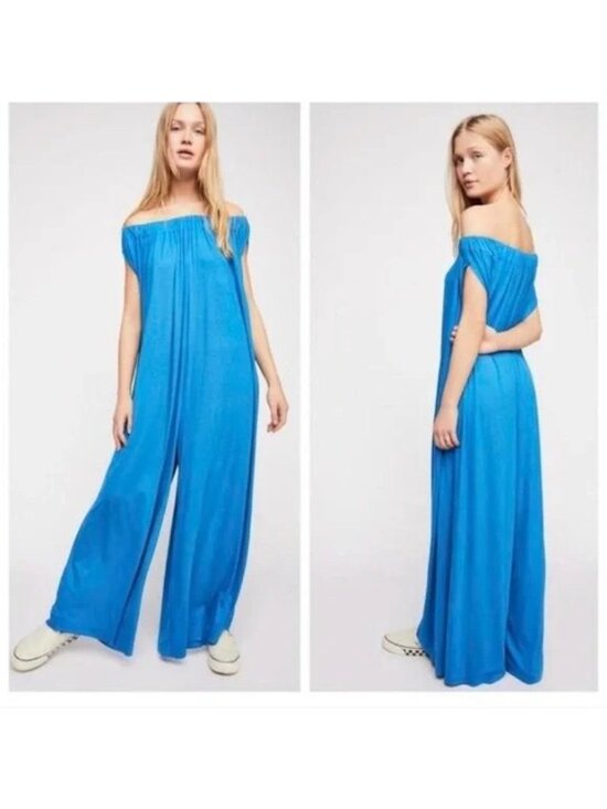 Free People Dresses & Skirts - FP Beach Mexicali Off The Shoulder Jumpsuit One Piece Bright Blue Size XS